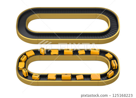 Set of Airport luggage conveyor belt or baggage claim area with suitcases on white. 125168223