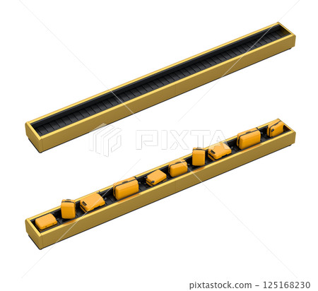 Set of Airport luggage conveyor belt or baggage claim area with suitcases on white. 125168230