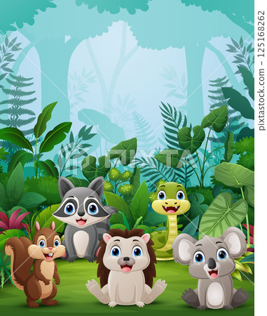 Cute cartoon animals in the forest background Cute cartoon animals in the forest background 125168262