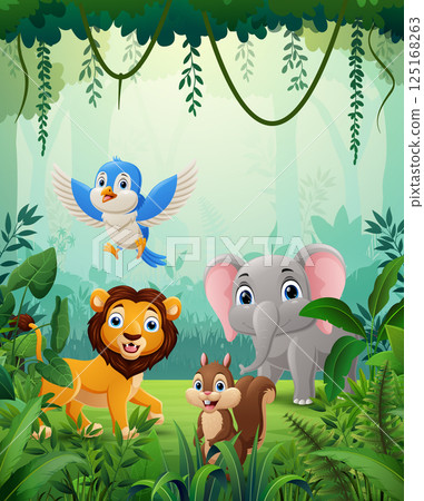 Happy cartoon animals in a green forest Happy cartoon animals in a green forest 125168263