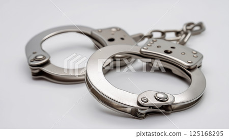 Metal handcuffs resting on a white surface 125168295