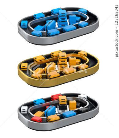 Set of Airport luggage conveyor belt or baggage claim area with suitcases on white. 125168343