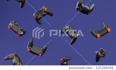 Realistic video game joysticks or gamepads rotating and falling on violet Realistic video game joysticks or gamepads rotating and falling on violet 125168394