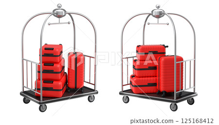 Set of Regular suitcase on hotel trolley cart for carrying baggage on white background 125168412