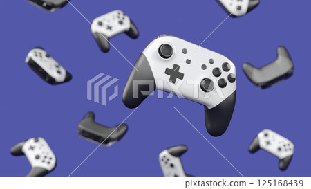 Realistic video game joysticks or gamepads rotating and falling on violet 125168439