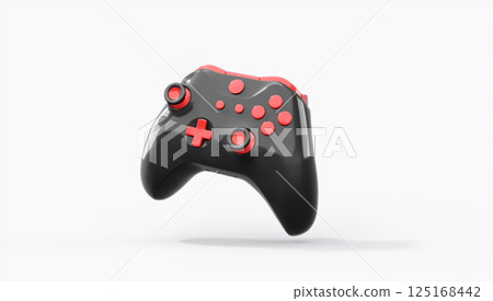 Realistic black video game joystick or gamepad with color buttons on white 125168442