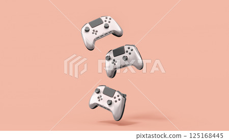 Realistic grey video game joysticks or gamepads on pink background 125168445