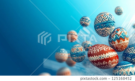 Colorful geometric patterned easter eggs on blue background. 125168452