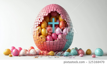 Colorful mosaic egg with cross and speckled eggs displaying celebration. 125168470