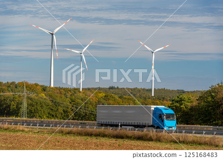 Autumn scenery with one truck on the highway and wind turbines in the background 125168483