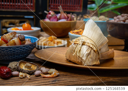 Traditional Taiwanese Zongzi and various ingredients on display Traditional Taiwanese Zongzi and various ingredients on display 125168539