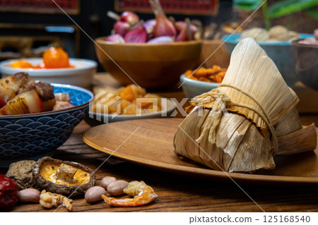 Traditional Taiwanese Zongzi and various ingredients on display Traditional Taiwanese Zongzi and various ingredients on display 125168540
