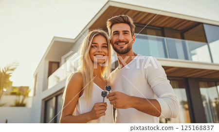 Happy couple celebrates new home ownership while holding house keys in front of their modern residence during sunset Happy couple celebrates new home ownership while holding house keys in front of their modern residence during sunset 125168837