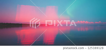 Vibrant city lights blend with aurora borealis over tranquil water, showcasing urban-nature fusion. Vibrant city lights blend with aurora borealis over tranquil water, showcasing urban-nature fusion. 125169128