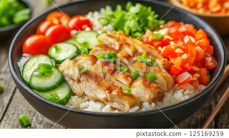 Hainanese chicken rice dish served in a bowl with fresh vegetables and garnishes 125169259