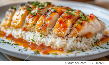 Delicious Hainanese chicken rice served on a plate with fragrant jasmine rice and flavorful sauce 125169260