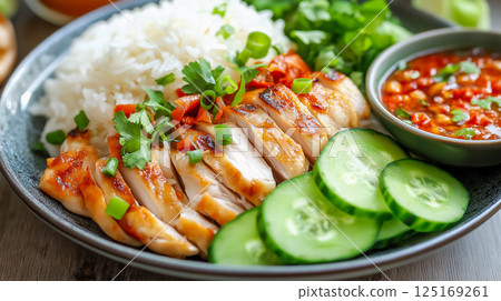 Delicious Hainanese chicken rice served with fresh herbs, cucumbers, and spicy sauce on a plate 125169261