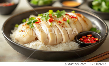 Delicious Hainanese chicken rice served with fresh herbs and chili peppers in a traditional bowl Delicious Hainanese chicken rice served with fresh herbs and chili peppers in a traditional bowl 125169264