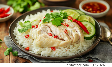 Savoring Hainanese chicken rice served with fresh cucumber slices and chili 125169265