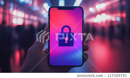 Modern smartphone displays online security features in a vibrant urban setting at night Modern smartphone displays online security features in a vibrant urban setting at night 125169781