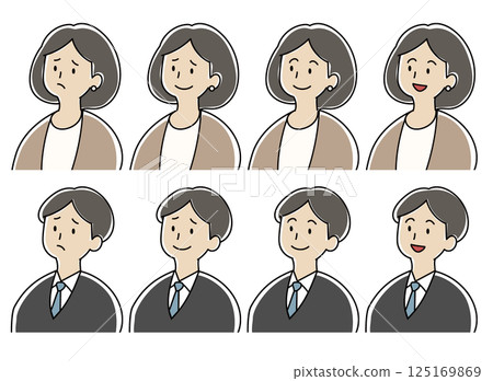 Illustration set of men and women in suits with various expressions Illustration set of men and women in suits with various expressions 125169869