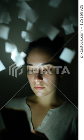 A woman gazes at her smartphone, overwhelmed by notifications in the dark. A woman gazes at her smartphone, overwhelmed by notifications in the dark. 125169929
