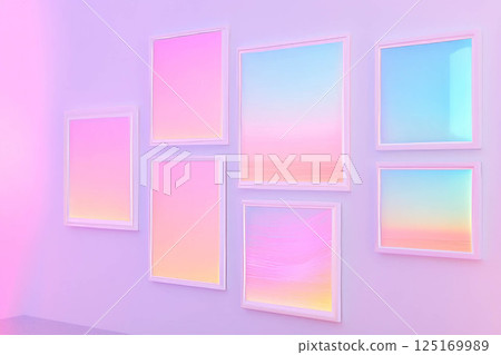 Pastel gradient art in white frames on lavender wall for contemporary decor. 125169989
