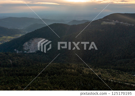 Sunset drone shot with the Black Forest Mountains, in Germany Sunset drone shot with the Black Forest Mountains, in Germany 125170195