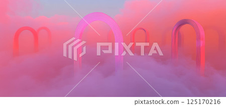 Vibrant arches emerge from a swirling fog, enhancing the ethereal beauty of the scene. 125170216
