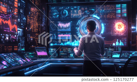 A focused man working in an office, analyzing digital stock charts and crypto data on multiple screens. Representing a trader or investor, this scene captures the dynamic world of financial markets 125170277