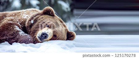 A large bear peacefully sleeping in the snow, symbolizing winter hibernation in its natural wildlife environment. The thick fur provides warmth against the cold, emphasizing nature seasonal cycle 125170278