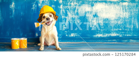 A playful dog with blue paint on its fur, holding a paintbrush in its mouth, standing in a renovation scene. banner features ample copy space, blending humor with home improvement 125170284