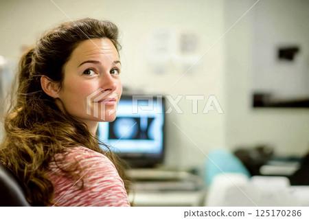 A pregnant woman lying on a medical examination table while a gynecologist performs an ultrasound scan, displaying the baby's image on the monitor. The scene captures the excitement and anticipation 125170286