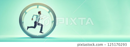 A businessman running endlessly on a giant hamster wheel, symbolizing the rat race and the exhausting cycle of work. The concept highlights themes of workaholism, inefficiency 125170293