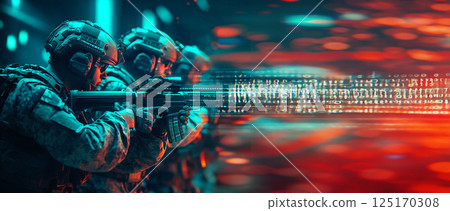 A conceptual digital illustration depicting the intersection of cyber warfare and information attacks. A hacker silhouette, binary code, and military-style digital interference A conceptual digital illustration depicting the intersection of cyber warfare and information attacks. A hacker silhouette, binary code, and military-style digital interference 125170308