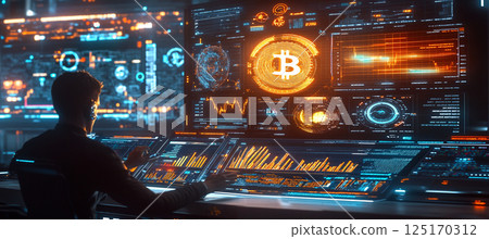 A man working on a laptop in a modern office, surrounded by technology and financial data, symbolizing cryptocurrency mining and Bitcoin farming. The background features computer screens, blockchain A man working on a laptop in a modern office, surrounded by technology and financial data, symbolizing cryptocurrency mining and Bitcoin farming. The background features computer screens, blockchain 125170312