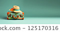 A vibrant green suitcase with a summer hat placed on top, set against a clean background, symbolizing travel and adventure. The composition evokes a sense of vacation, beach getaways 125170316