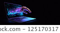 A gloved hand reaching toward a laptop keyboard in a dimly lit setting, symbolizing online scams, cyber fraud, and digital crime. The image conveys the concept of hacking, internet security threats 125170317