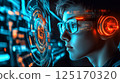 A student wearing VR glasses interacts with a virtual world, symbolizing the future of education and the impact of AI and digital technology in learning 125170320