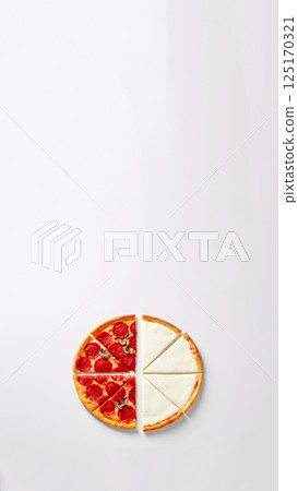 four different pieces of pizza on a white background, showcasing a variety of flavors. The slices include cheese, pepperoni, dorblue, blue cheese, and feta, each with distinct toppings and textures 125170321
