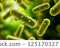 A scientific and medical concept focused on the microbiome, gut health, and microbiotic cells. The image highlights laboratory research, medicine, nutrition, and the role of probiotics like yogurt 125170327