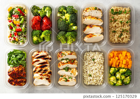 An organized meal prep concept showcasing filled containers with fresh, healthy food, neatly packed in plastic or glass storage boxes 125170329