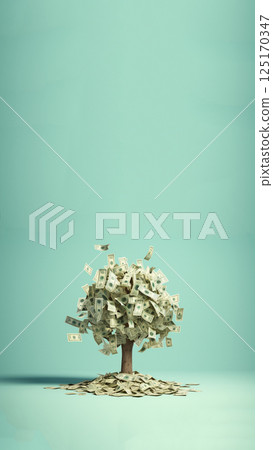 A symbolic representation of financial growth, featuring a money tree against a blue background. The vertical composition emphasizes investment and wealth-building concepts 125170347