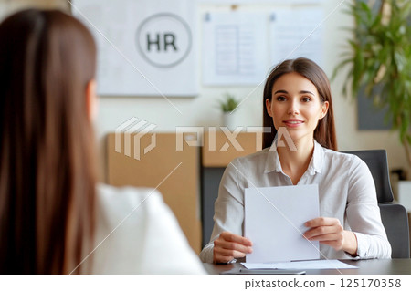 A woman in a human relations role, conducting a management interview in a business setting. The scene depicts a job interview with a client at a bank 125170358