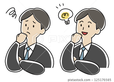 Illustration of a man in a suit with an inspired face and a troubled face 125170385