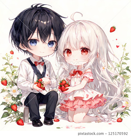Strawberry harvest. An albino girl and a blue-eyed young man picking strawberries. Clip art of anime-style miniature characters 125170592
