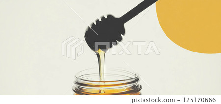Collage combines geometric shapes and flowers, highlighting a honey jar with a dipper. 125170666
