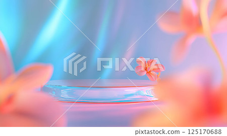 Elegant abstract background with reflective podium and soft floral accents for design and display. 125170688