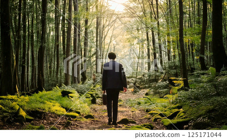 Businessman walking in the forest (AI generated image) 125171044