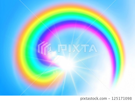 3d illustration background of a rainbow in a blue sky with clouds and the sun 125171098